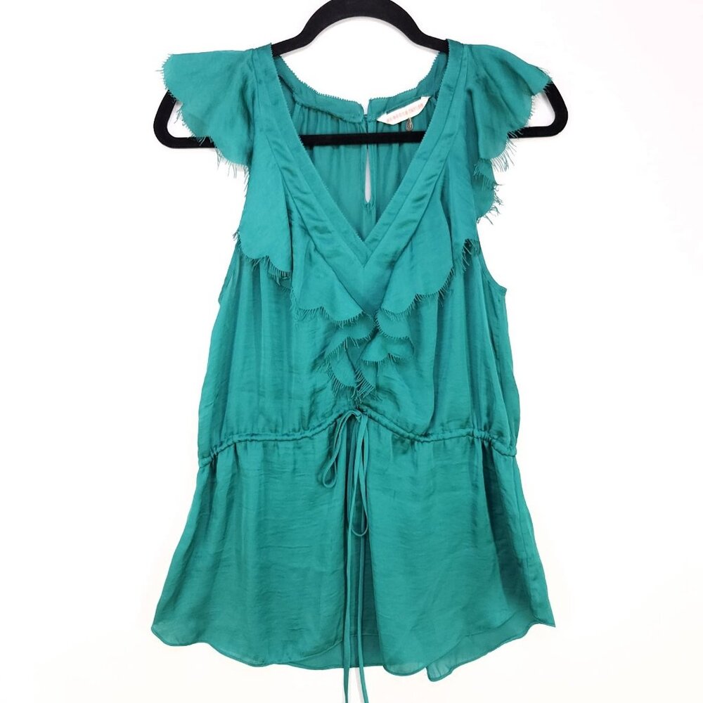 Rebecca Taylor Tank Top Size 8 Peplum Blouse Green Ruffle Adjustable Waist